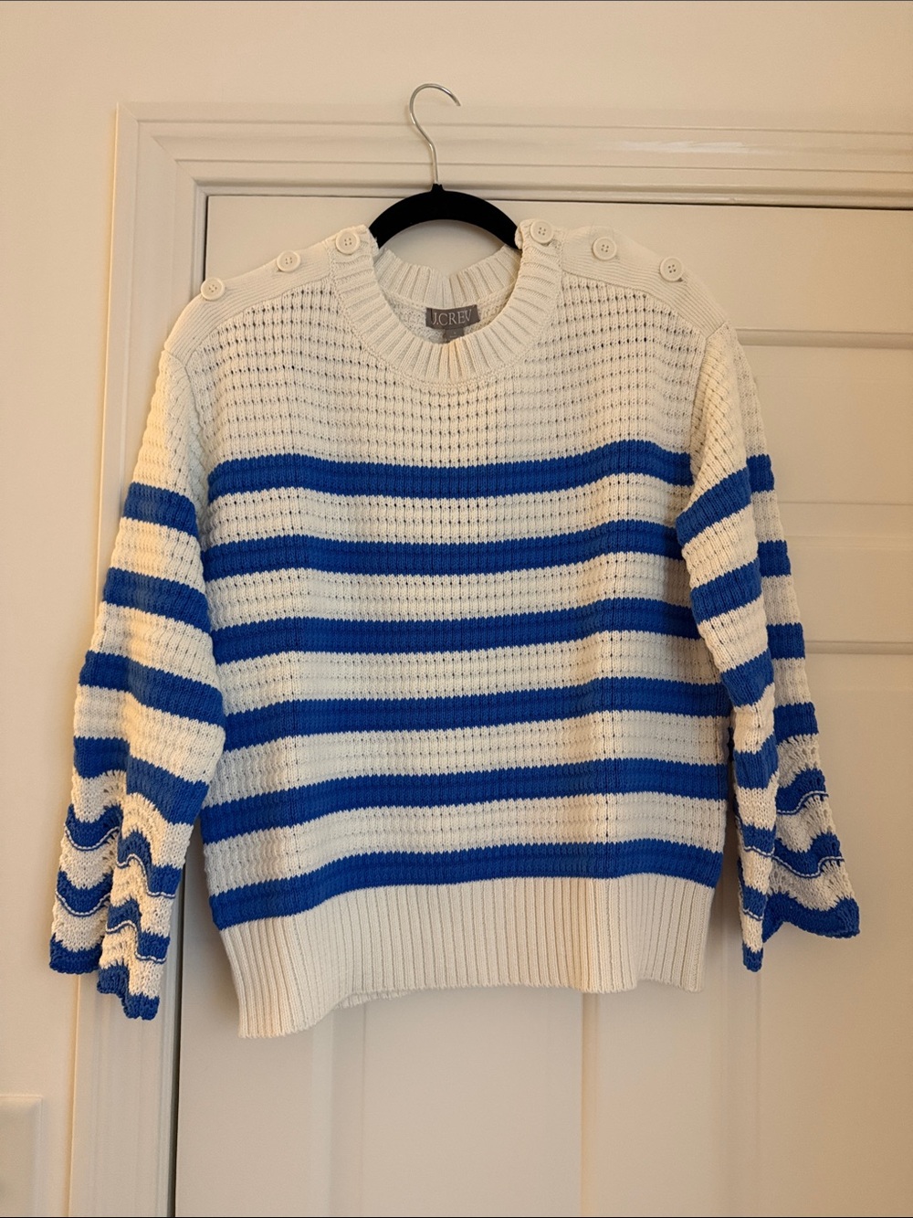 J. Crew Women's Cream and Blue Striped Knit Crewneck Sweater